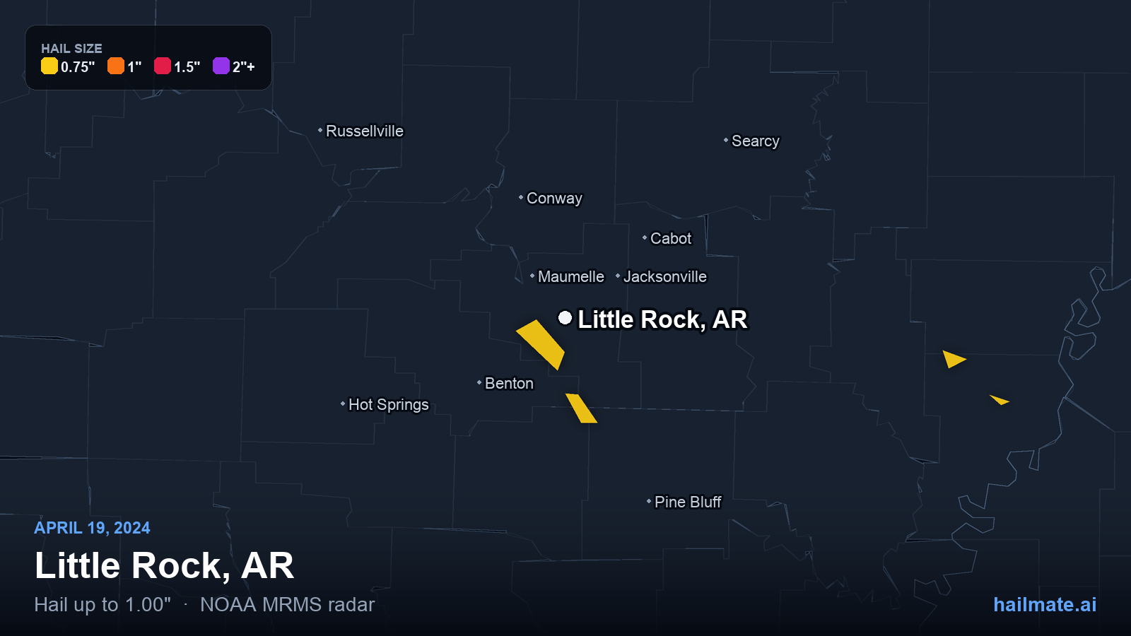 Hail swath map for Little Rock, AR on April 19, 2024 showing 1.00 inch hail.