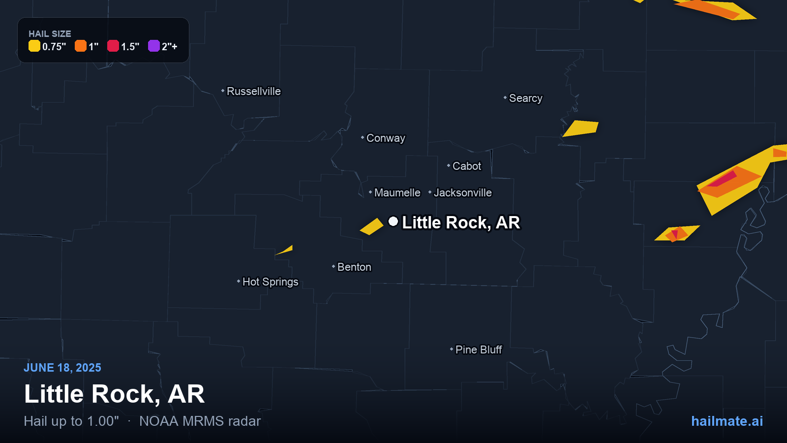 Hail swath map for Little Rock, AR on June 18, 2025 showing 1.00 inch hail.