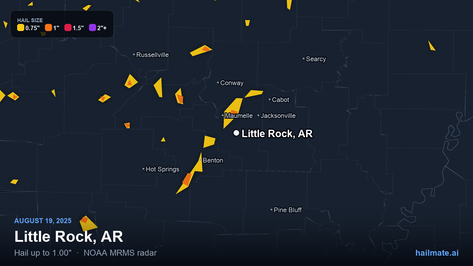 Hail swath map for Little Rock, AR on August 19, 2025 showing 1.00 inch hail.