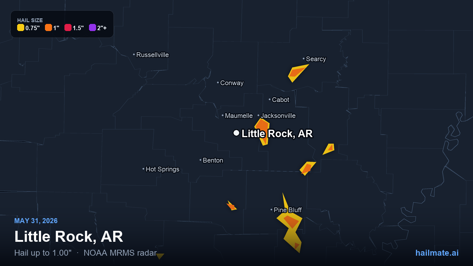 Hail swath map for Little Rock, AR on May 31, 2026 showing 1.00 inch hail.