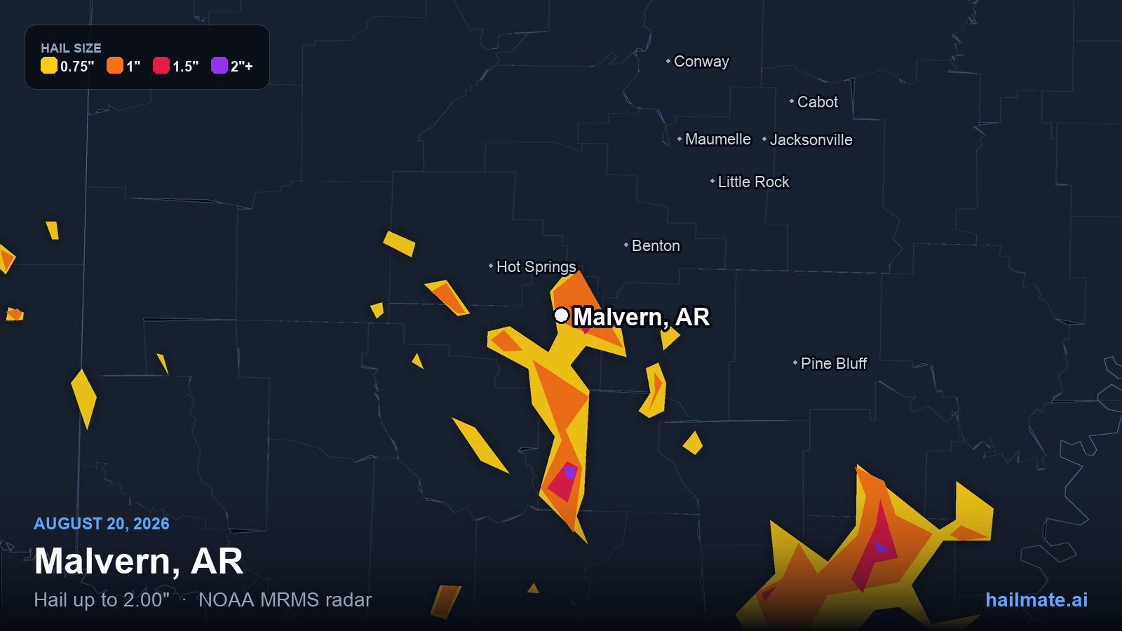 Hail swath map for Malvern, AR on August 20, 2026 showing 2.00 inch hail.