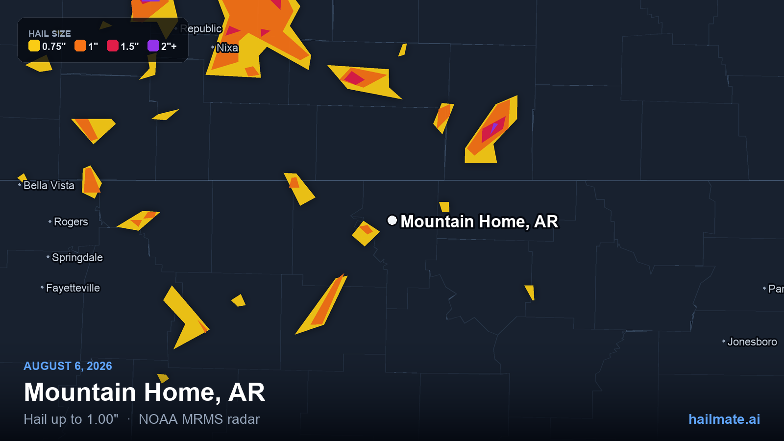 Hail swath map for Mountain Home, AR on August 6, 2026 showing 1.00 inch hail.