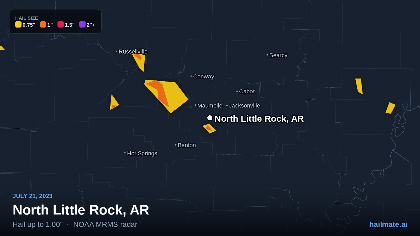 Hail swath map for North Little Rock, AR on July 21, 2023 showing 1.00 inch hail.