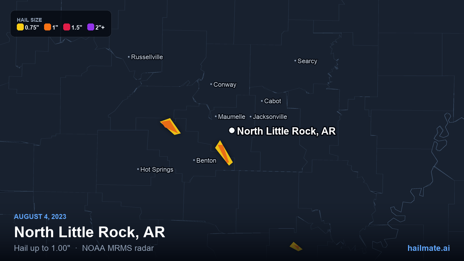 Hail swath map for North Little Rock, AR on August 4, 2023 showing 1.00 inch hail.