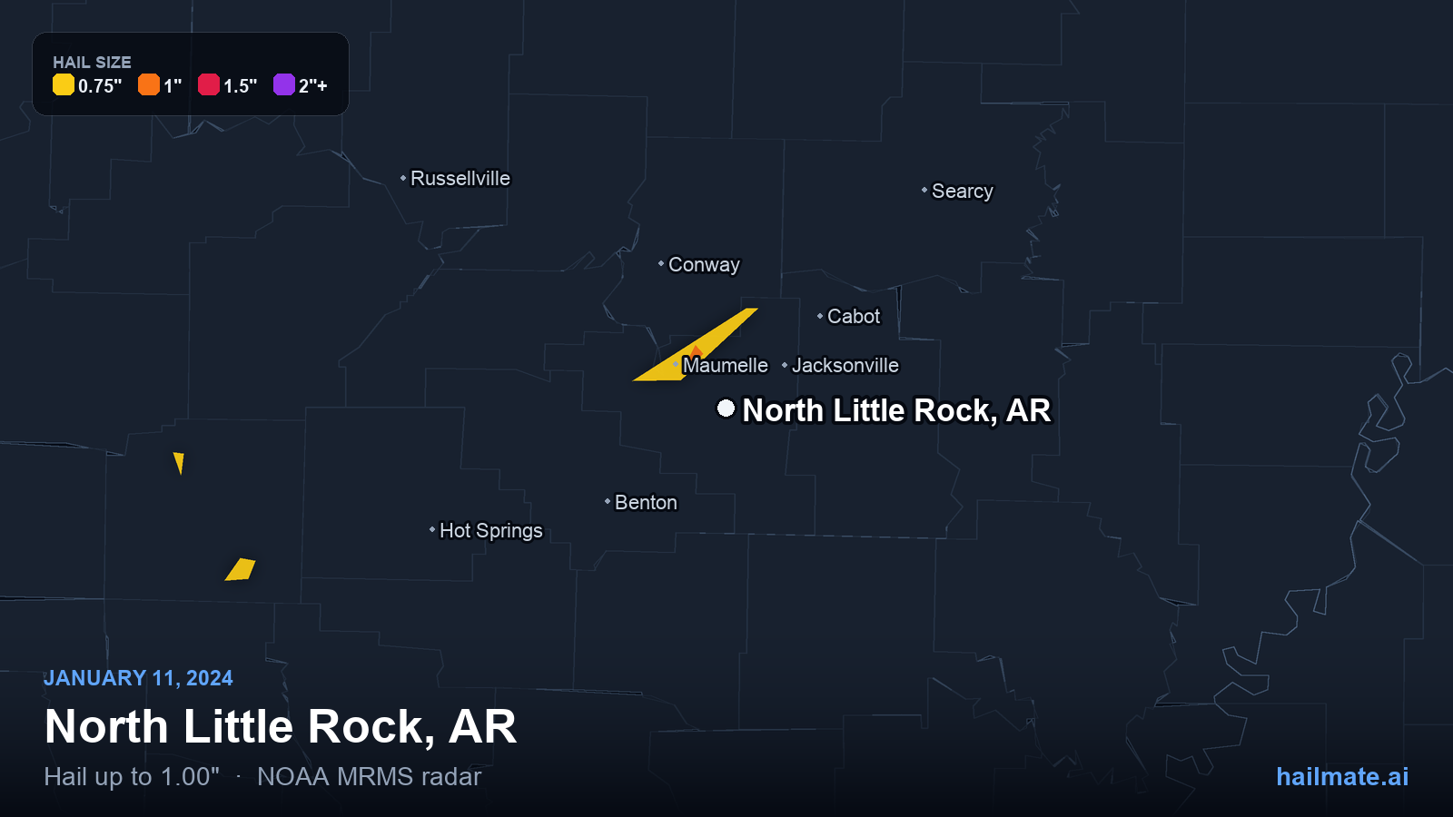 Hail swath map for North Little Rock, AR on January 11, 2024 showing 1.00 inch hail.