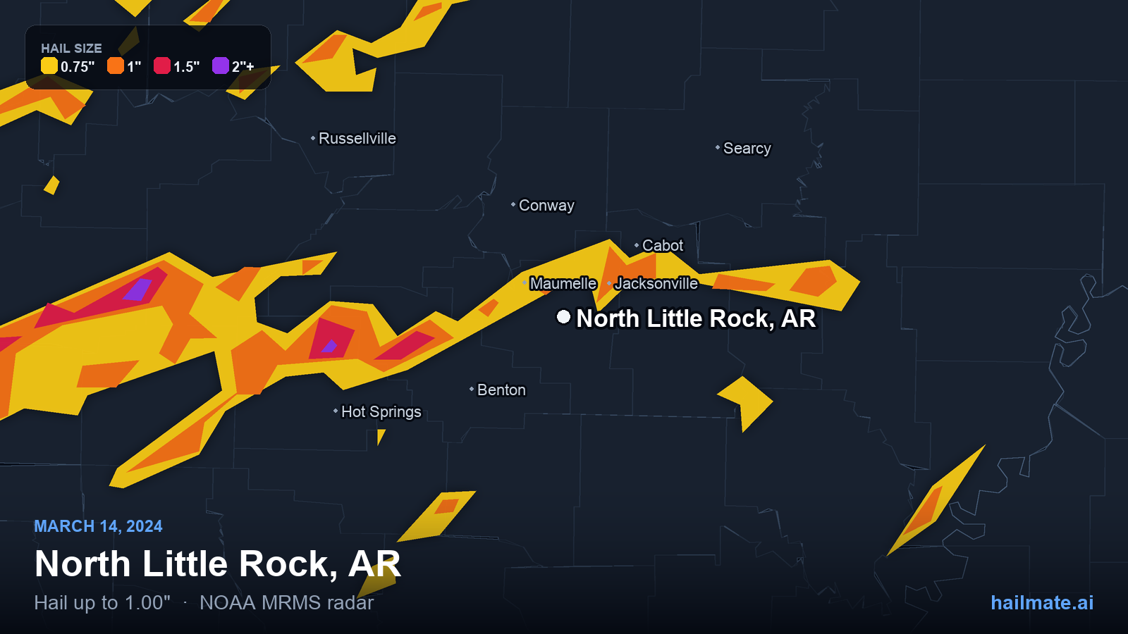 Hail swath map for North Little Rock, AR on March 14, 2024 showing 1.00 inch hail.