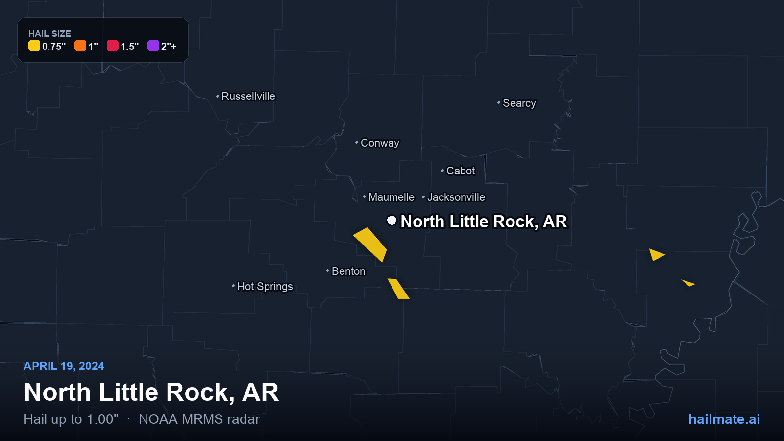 Hail swath map for North Little Rock, AR on April 19, 2024 showing 1.00 inch hail.