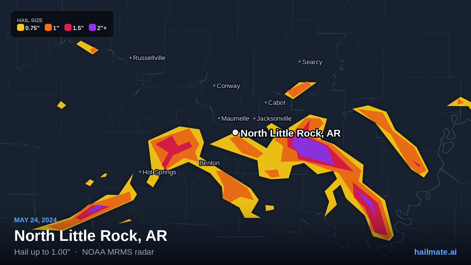 Hail swath map for North Little Rock, AR on May 24, 2024 showing 1.00 inch hail.