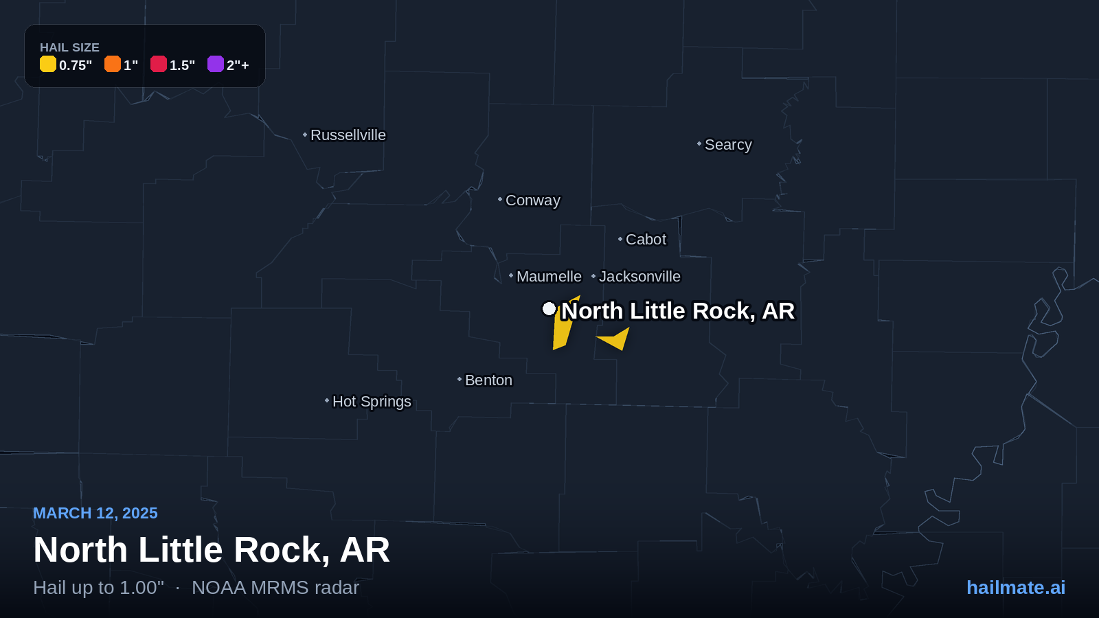 Hail swath map for North Little Rock, AR on March 12, 2025 showing 1.00 inch hail.