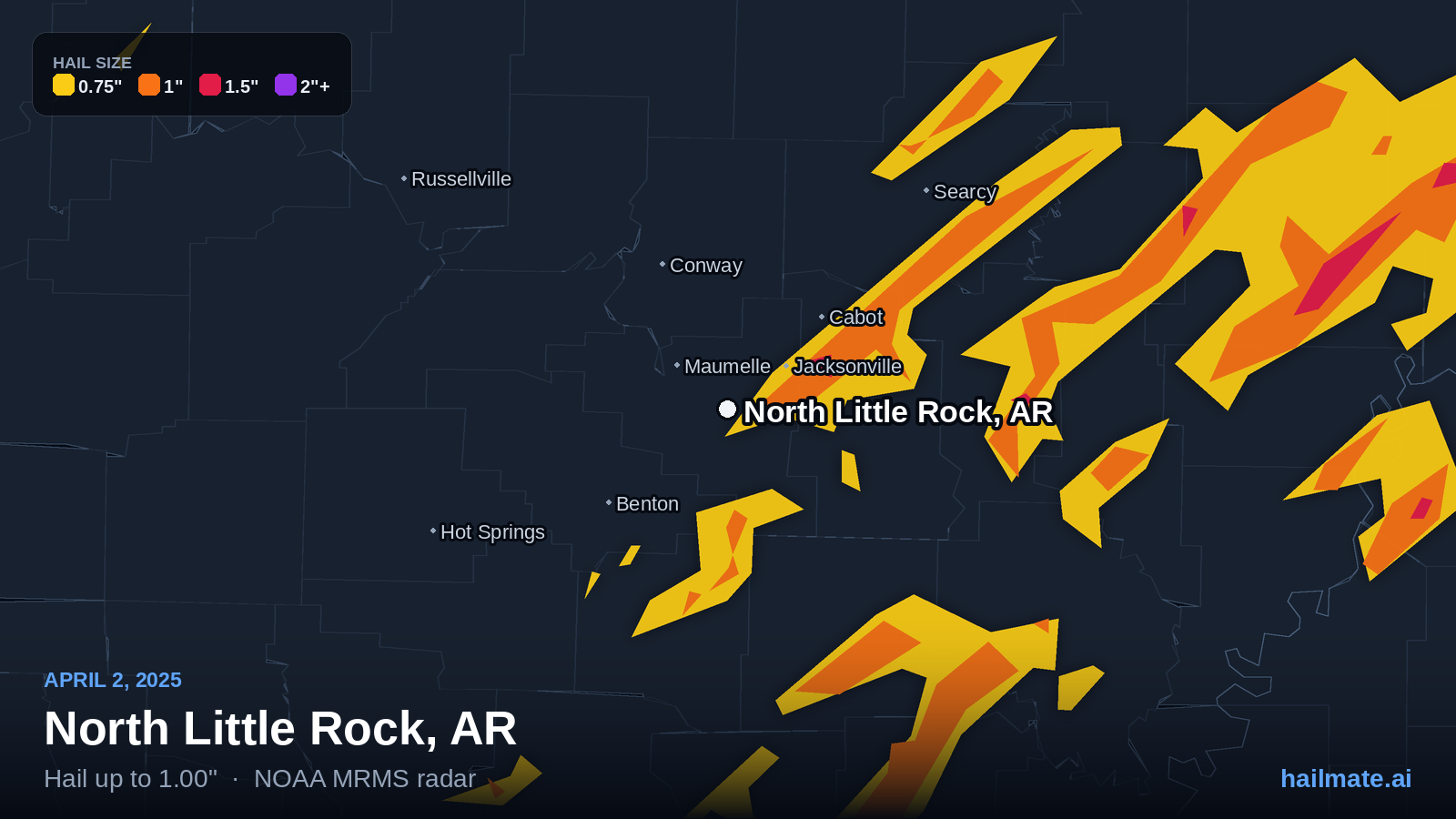 Hail swath map for North Little Rock, AR on April 2, 2025 showing 1.00 inch hail.
