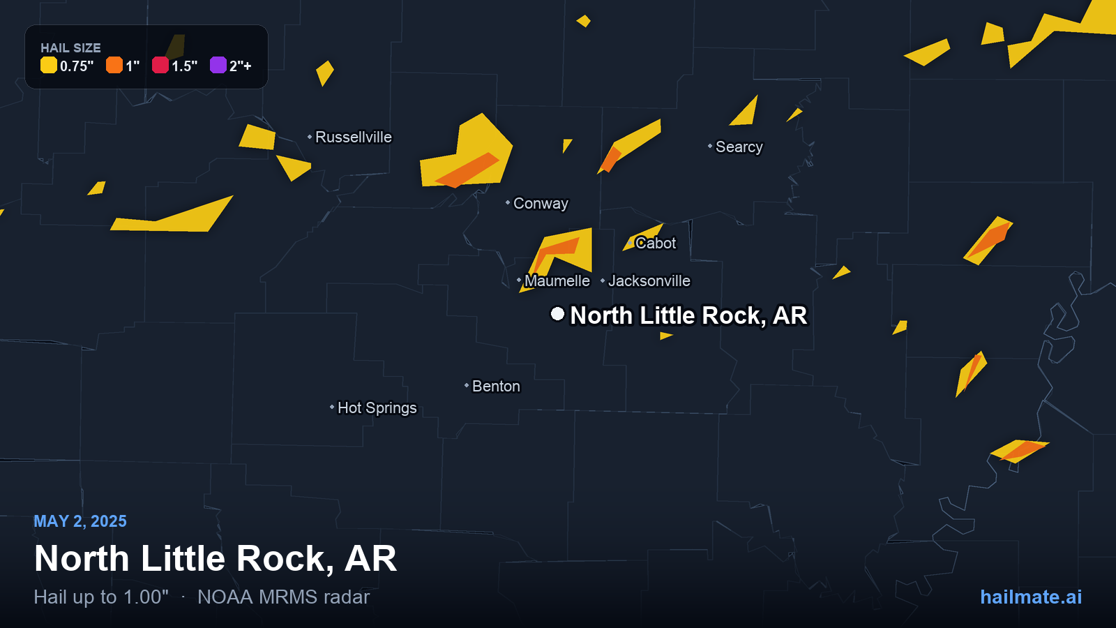 Hail swath map for North Little Rock, AR on May 2, 2025 showing 1.00 inch hail.