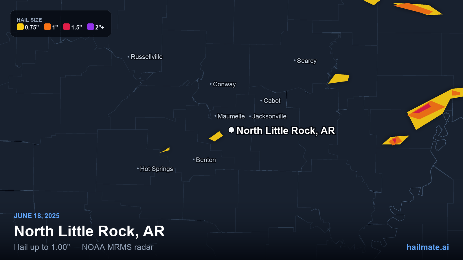 Hail swath map for North Little Rock, AR on June 18, 2025 showing 1.00 inch hail.