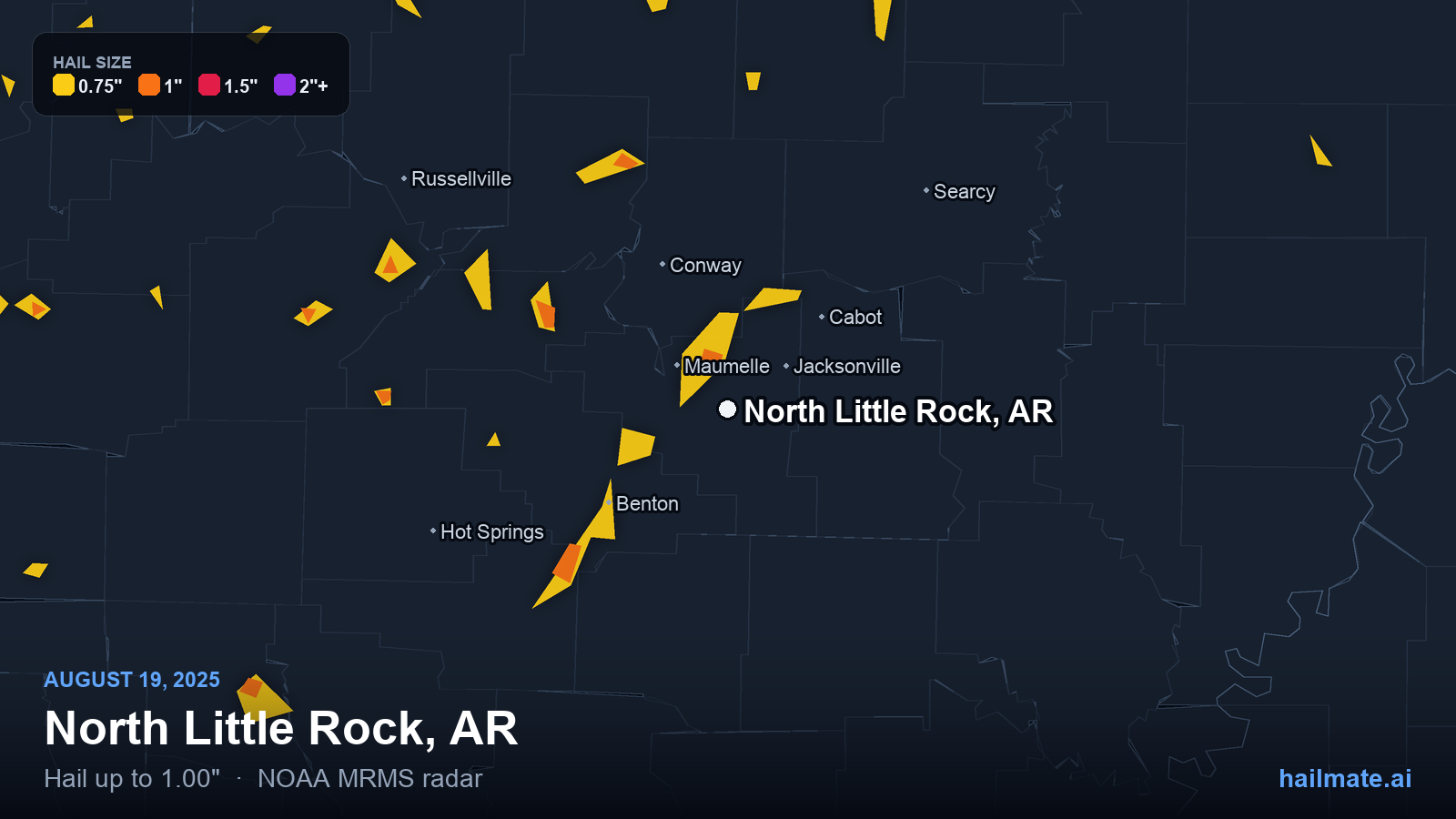 Hail swath map for North Little Rock, AR on August 19, 2025 showing 1.00 inch hail.