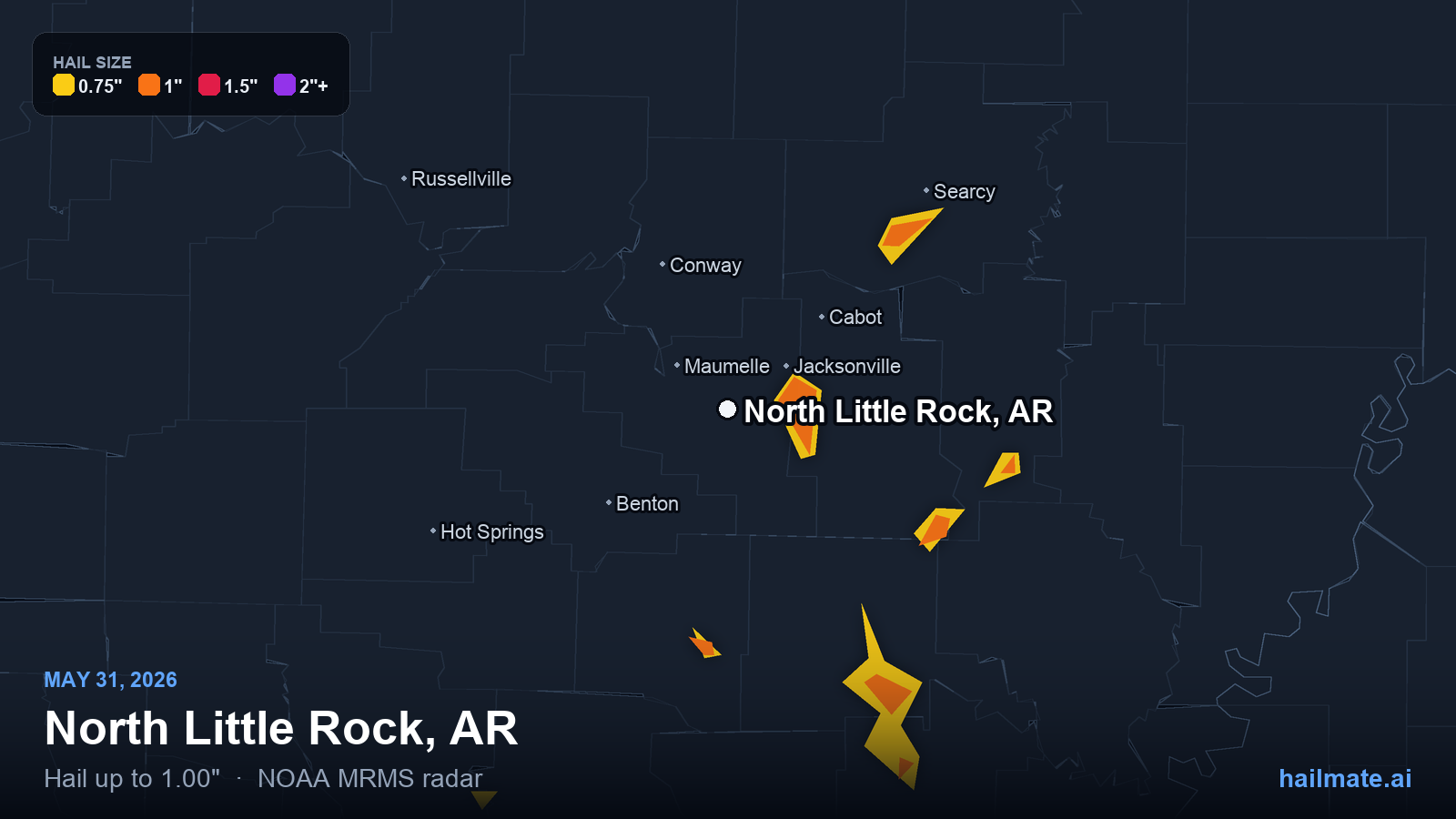 Hail swath map for North Little Rock, AR on May 31, 2026 showing 1.00 inch hail.