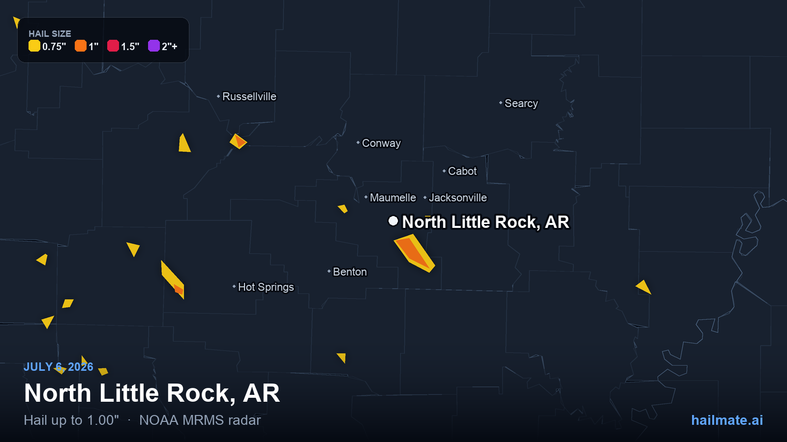 Hail swath map for North Little Rock, AR on July 6, 2026 showing 1.00 inch hail.