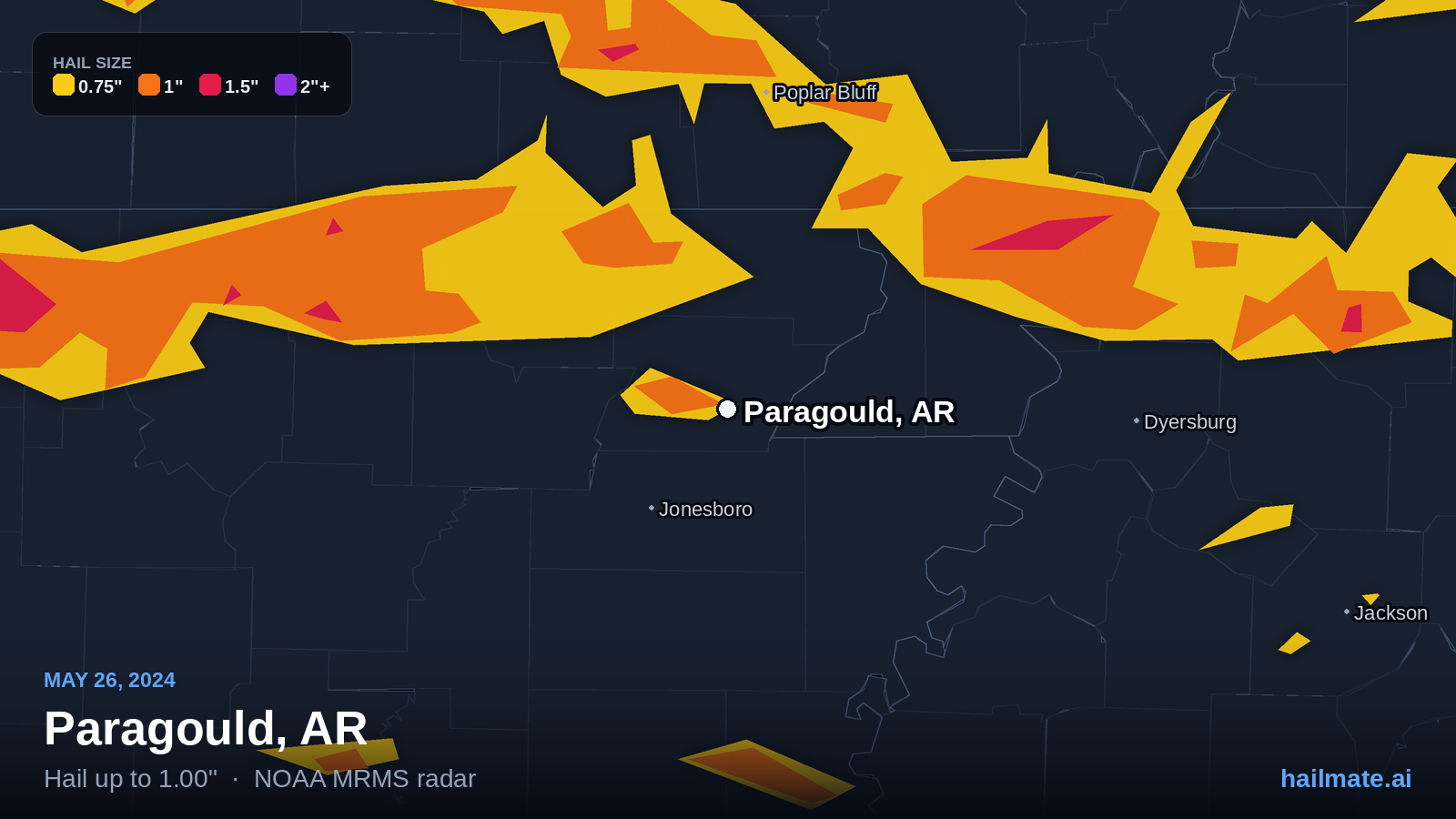 Hail swath map for Paragould, AR on May 26, 2024 showing 1.00 inch hail.