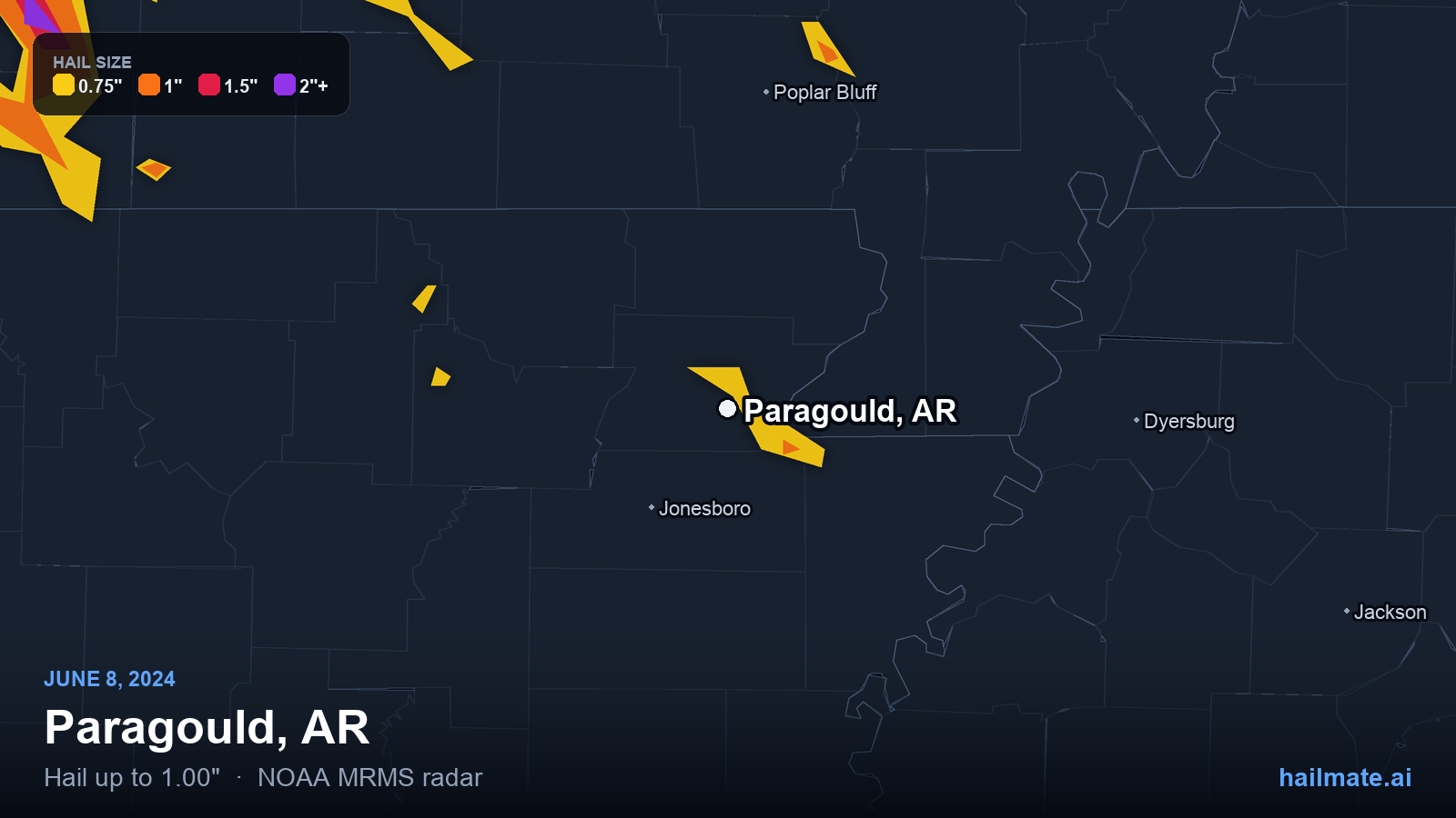 Hail swath map for Paragould, AR on June 8, 2024 showing 1.00 inch hail.