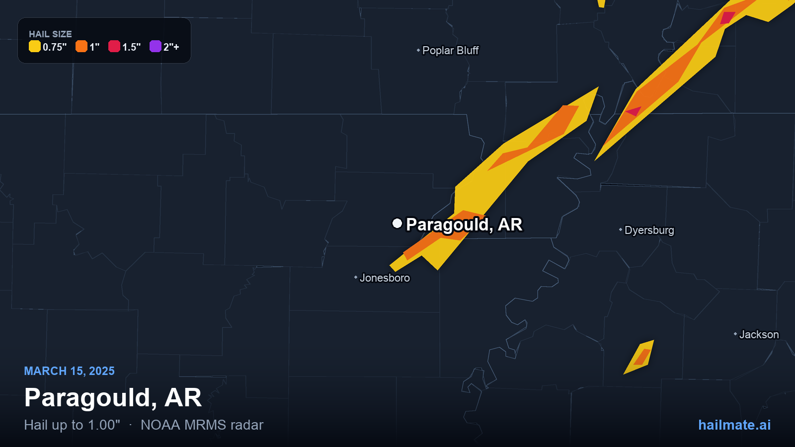 Hail swath map for Paragould, AR on March 15, 2025 showing 1.00 inch hail.