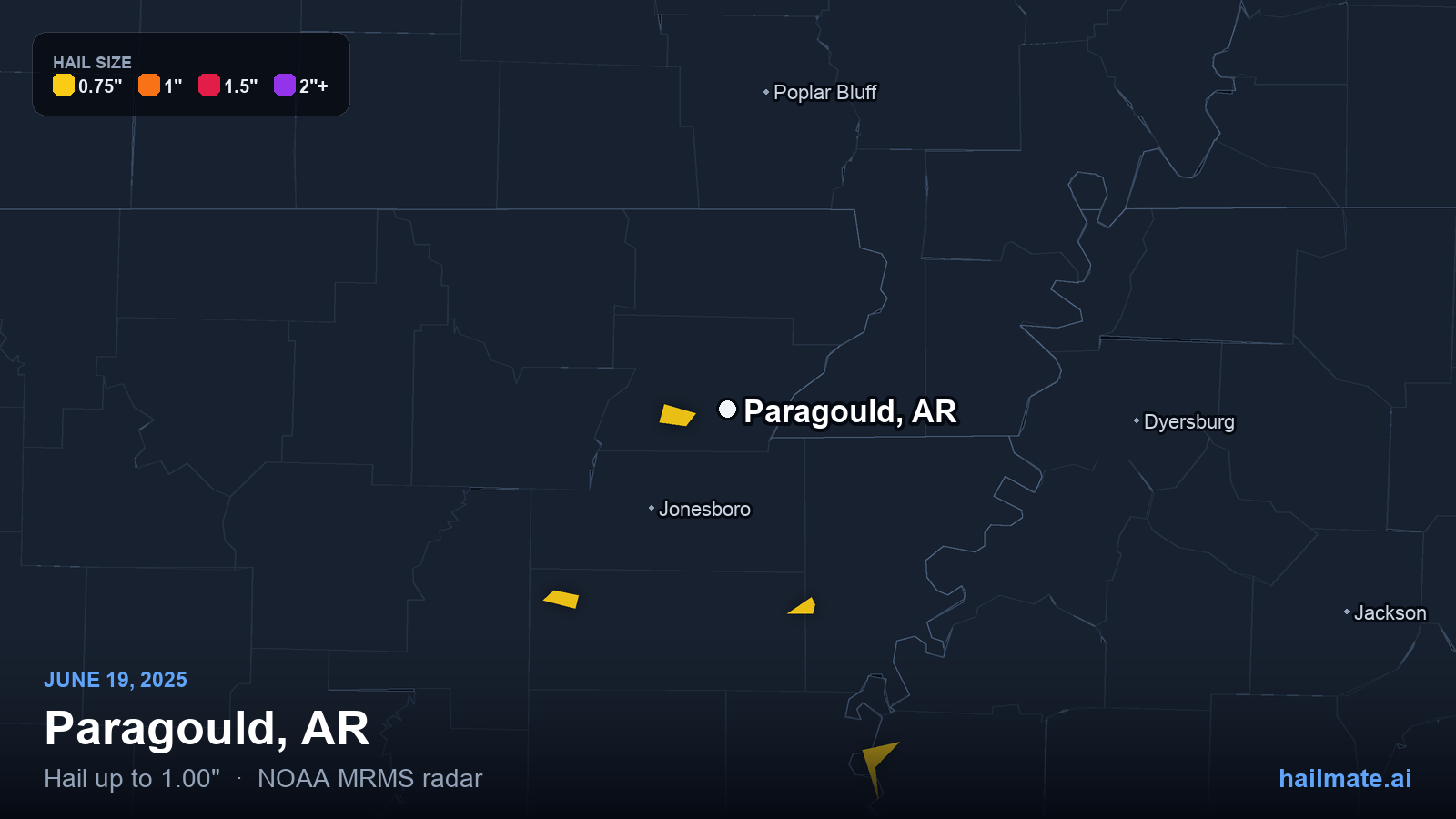 Hail swath map for Paragould, AR on June 19, 2025 showing 1.00 inch hail.