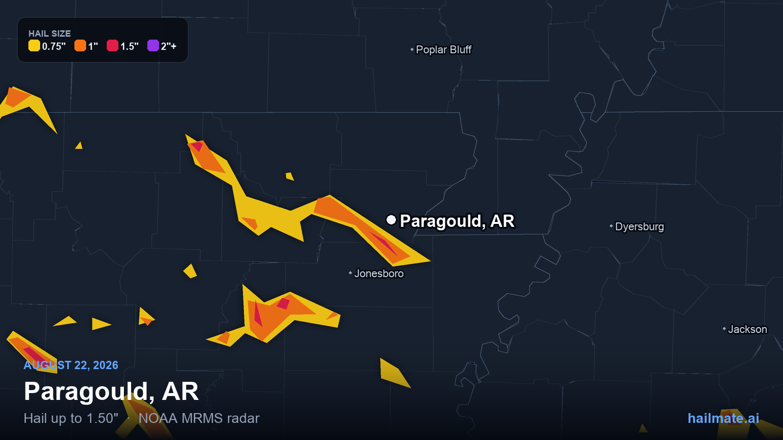 Hail swath map for Paragould, AR on August 22, 2026 showing 1.50 inch hail.