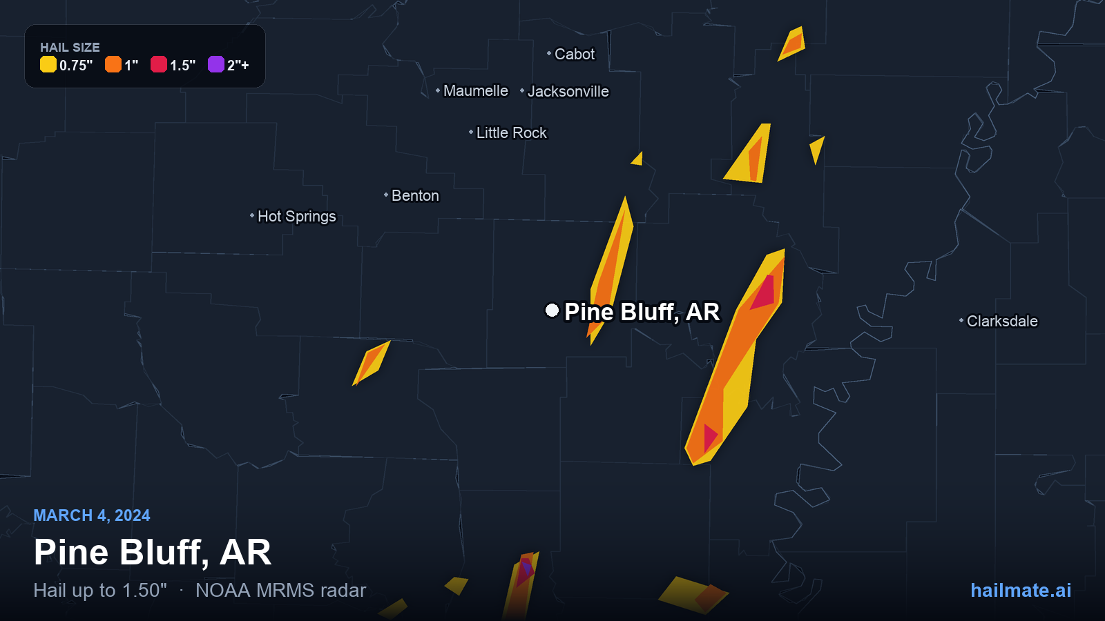 Hail swath map for Pine Bluff, AR on March 4, 2024 showing 1.50 inch hail.