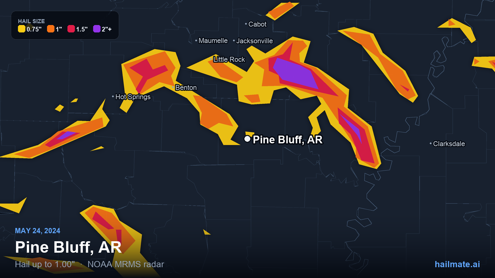 Hail swath map for Pine Bluff, AR on May 24, 2024 showing 1.00 inch hail.
