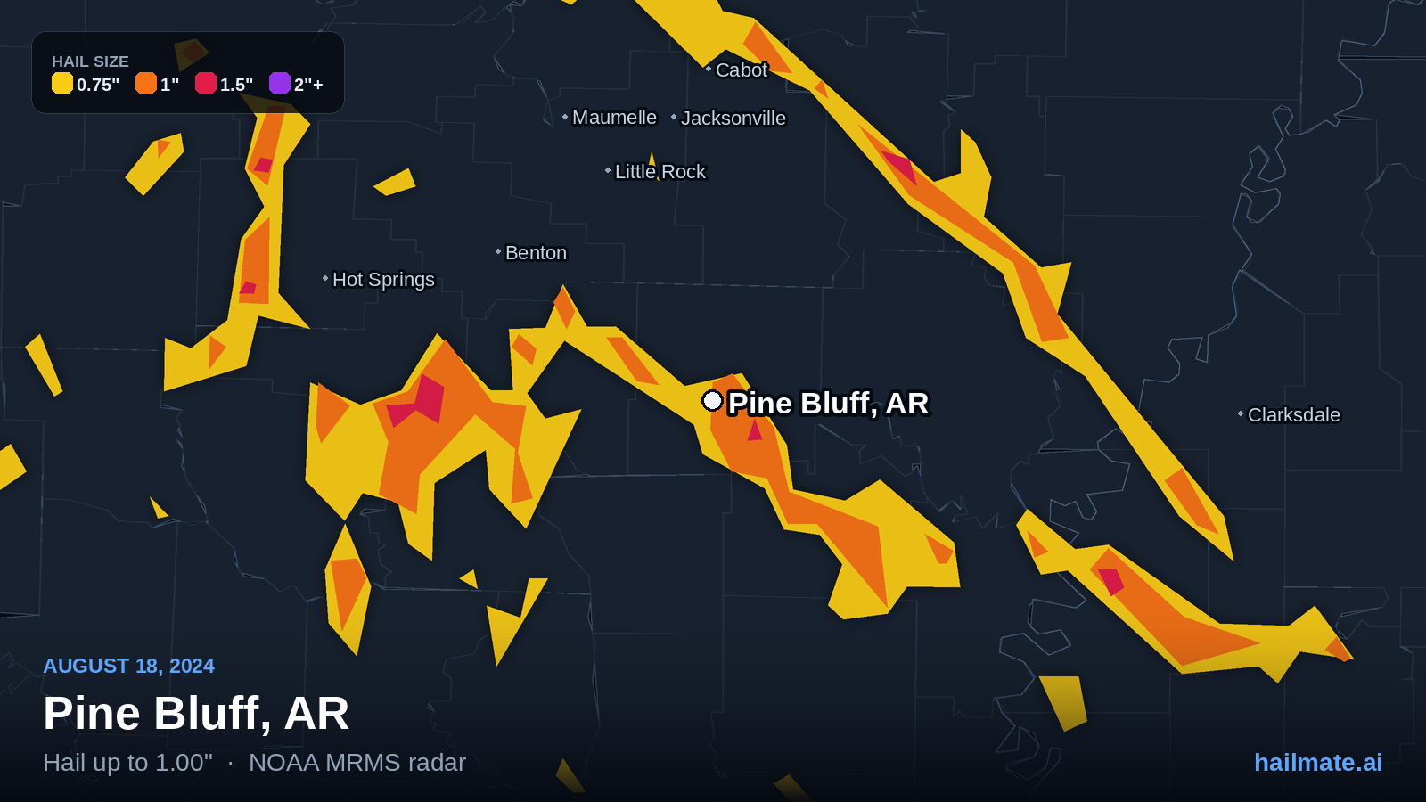 Hail swath map for Pine Bluff, AR on August 18, 2024 showing 1.00 inch hail.