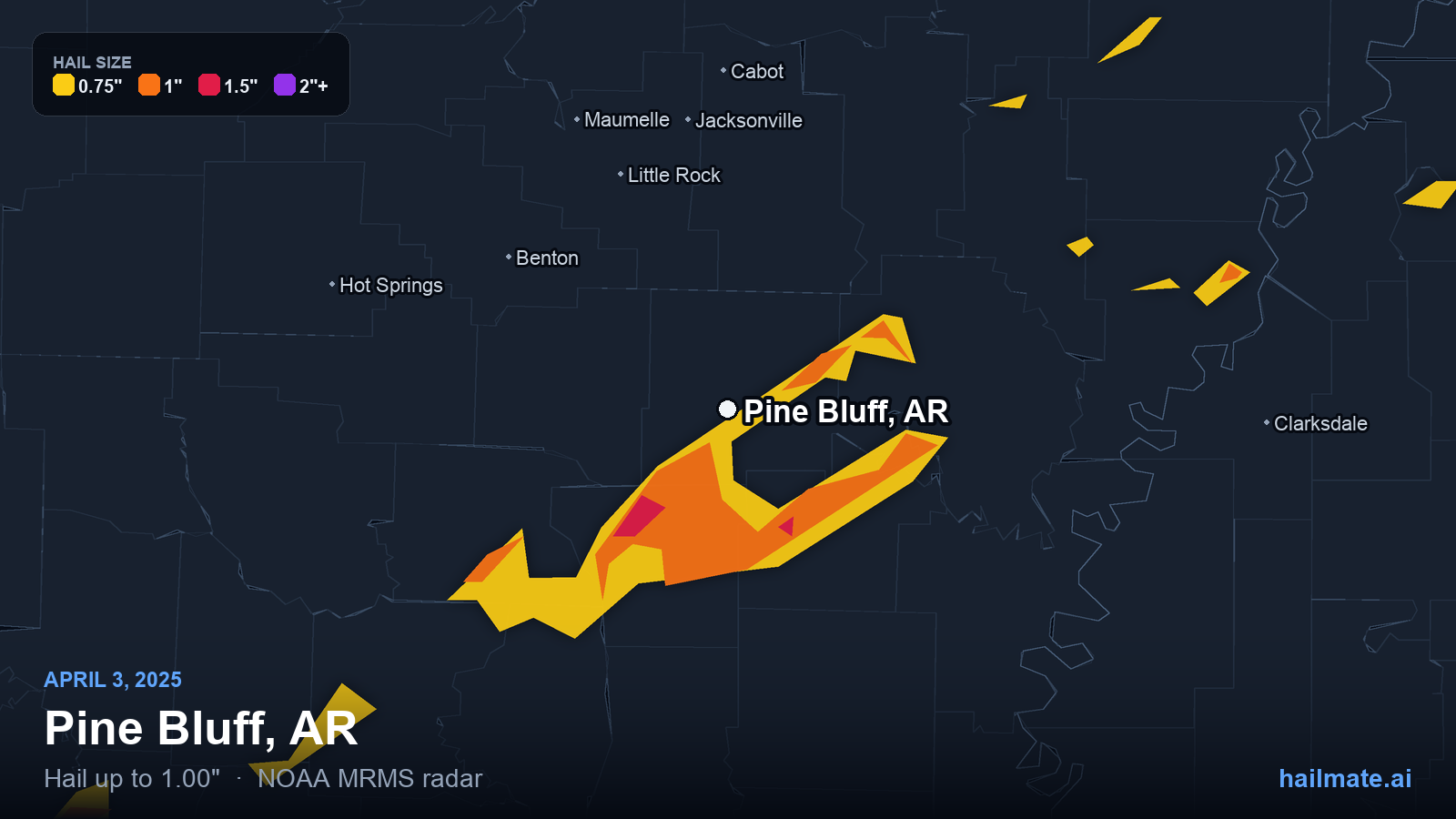 Hail swath map for Pine Bluff, AR on April 3, 2025 showing 1.00 inch hail.