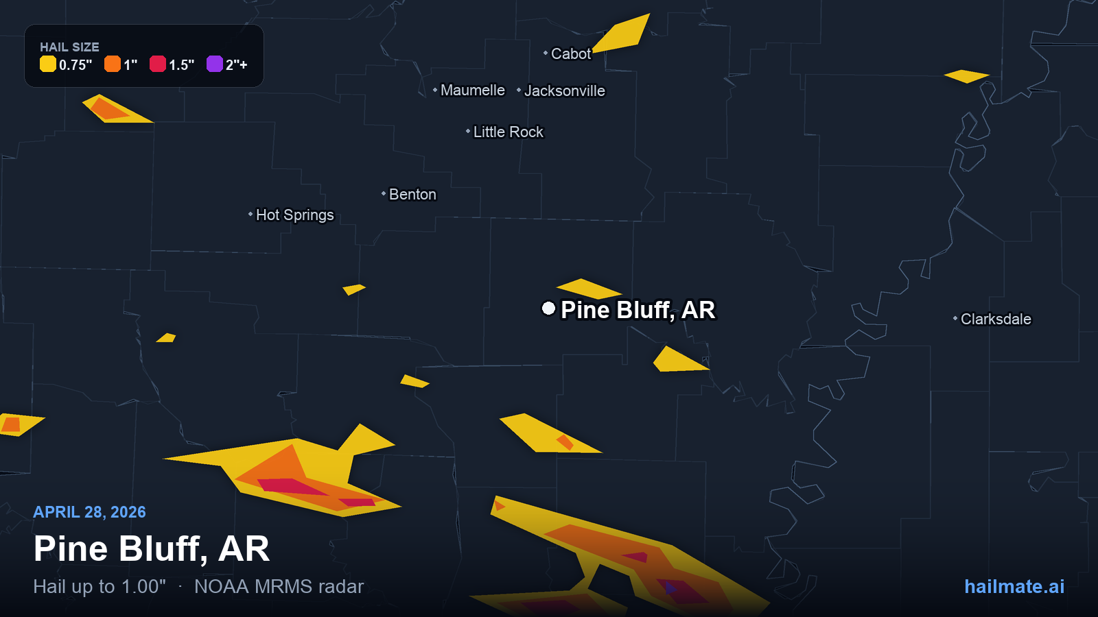 Hail swath map for Pine Bluff, AR on April 28, 2026 showing 1.00 inch hail.