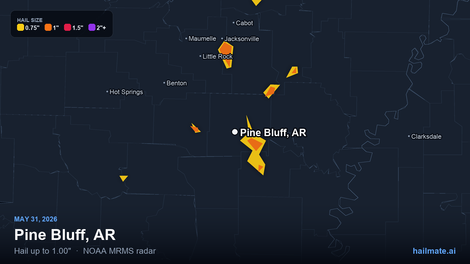 Hail swath map for Pine Bluff, AR on May 31, 2026 showing 1.00 inch hail.