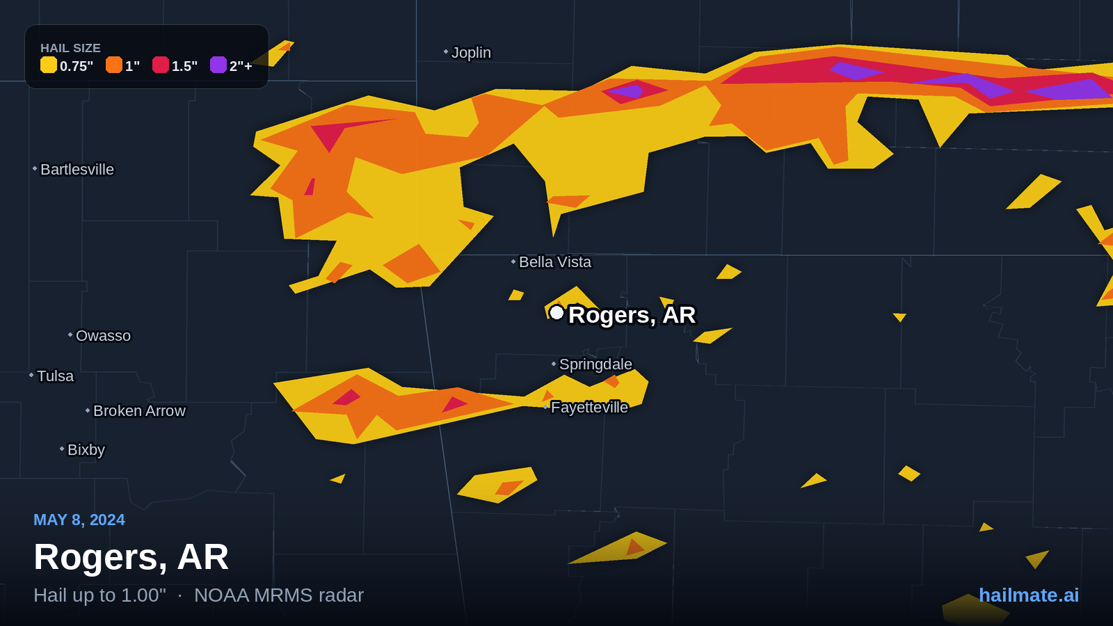 Hail swath map for Rogers, AR on May 8, 2024 showing 1.00 inch hail.