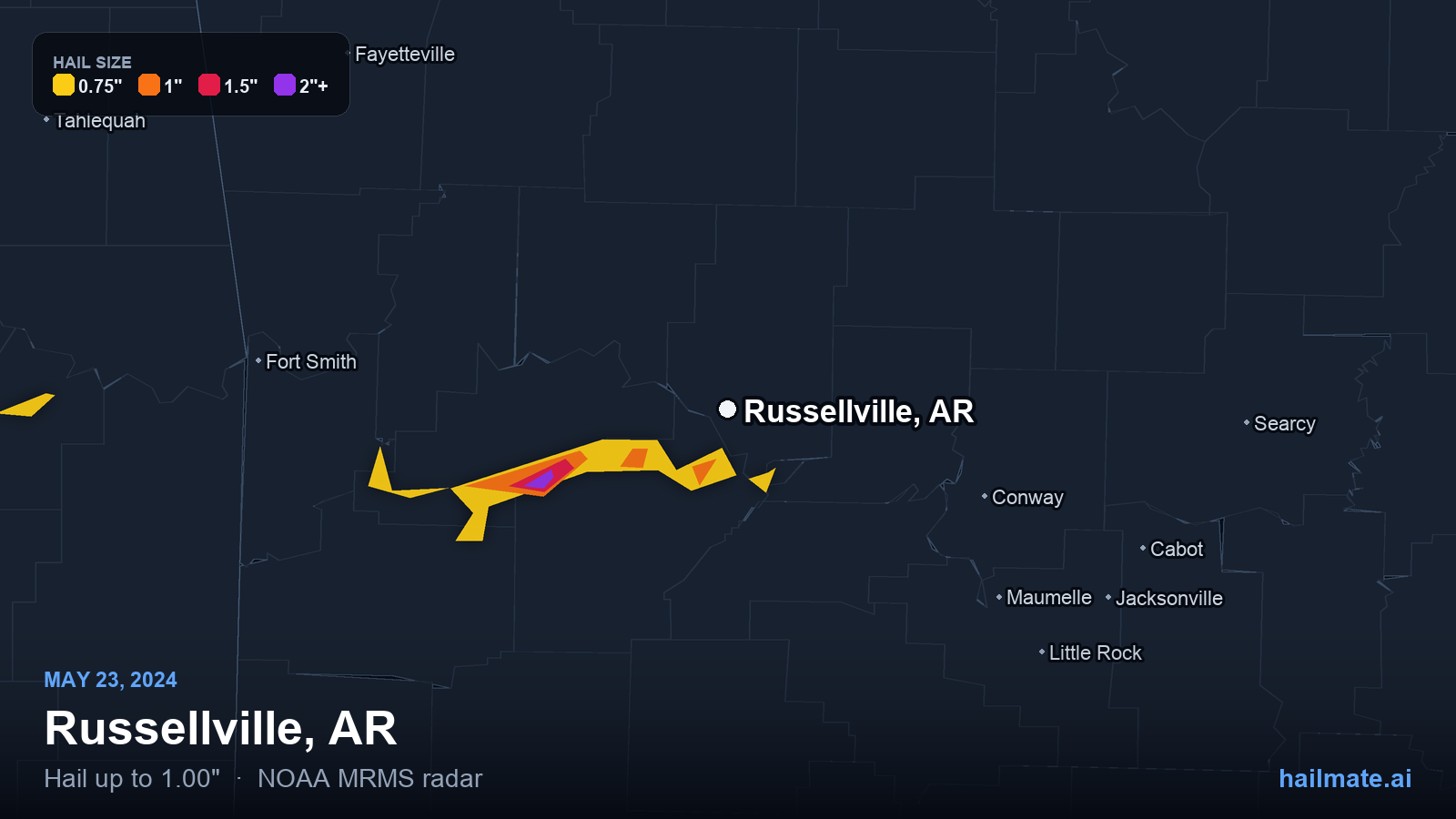 Hail swath map for Russellville, AR on May 23, 2024 showing 1.00 inch hail.