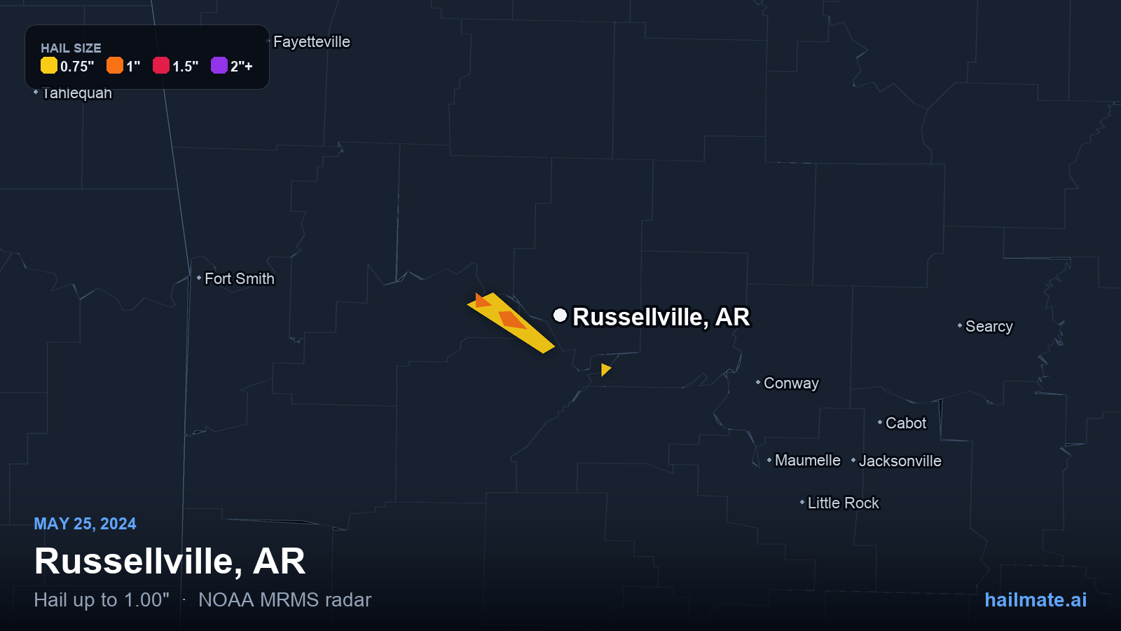 Hail swath map for Russellville, AR on May 25, 2024 showing 1.00 inch hail.