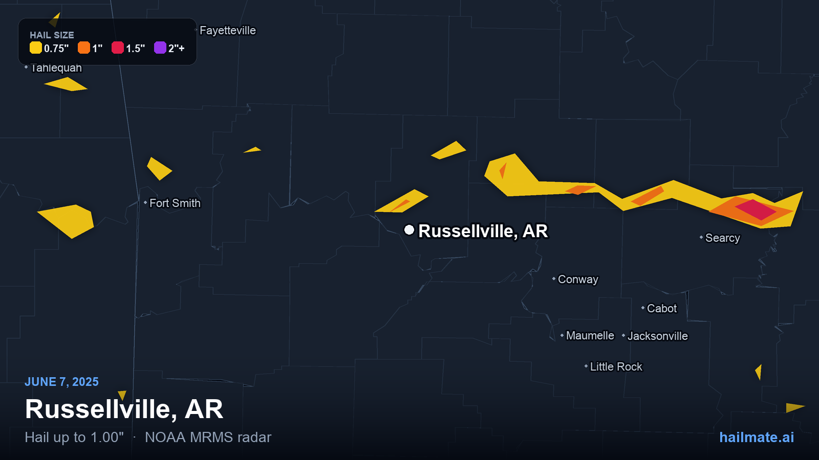 Hail swath map for Russellville, AR on June 7, 2025 showing 1.00 inch hail.