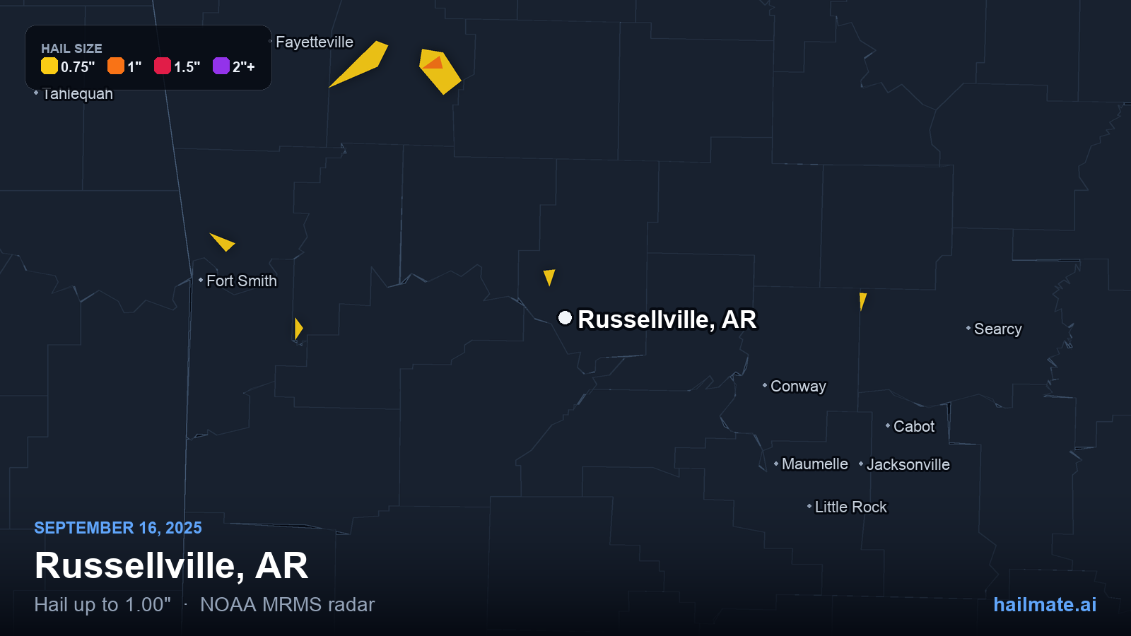 Hail swath map for Russellville, AR on September 16, 2025 showing 1.00 inch hail.