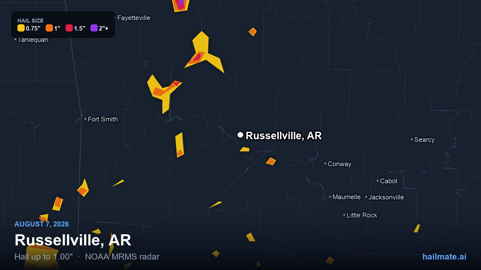 Hail swath map for Russellville, AR on August 7, 2026 showing 1.00 inch hail.