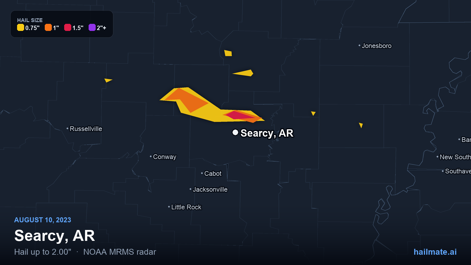 Hail swath map for Searcy, AR on August 10, 2023 showing 2.00 inch hail.