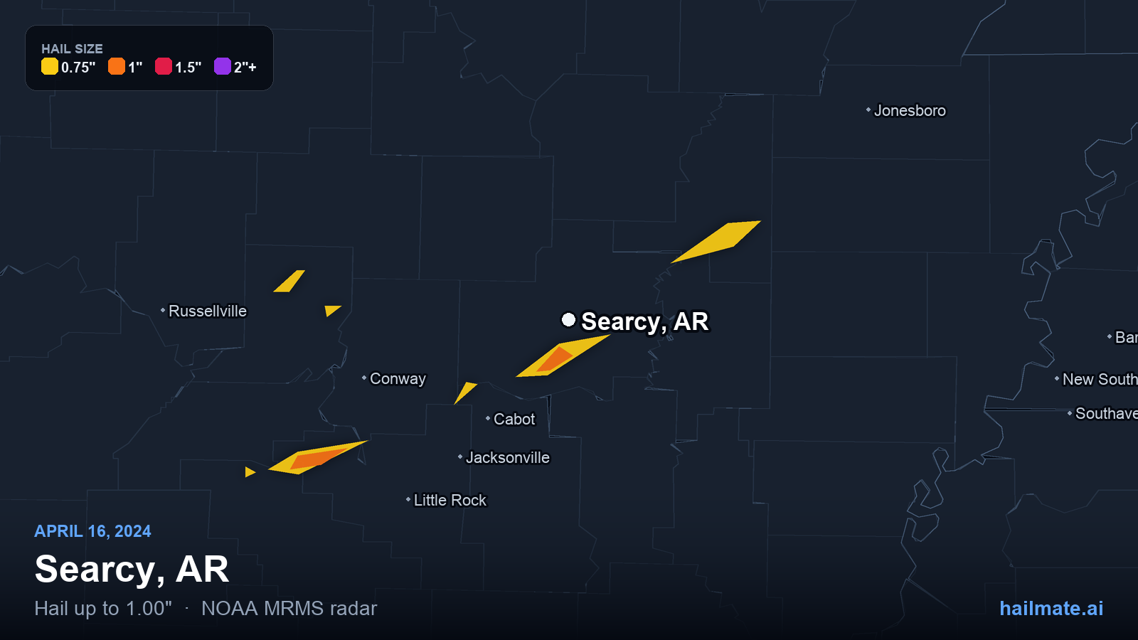 Hail swath map for Searcy, AR on April 16, 2024 showing 1.00 inch hail.