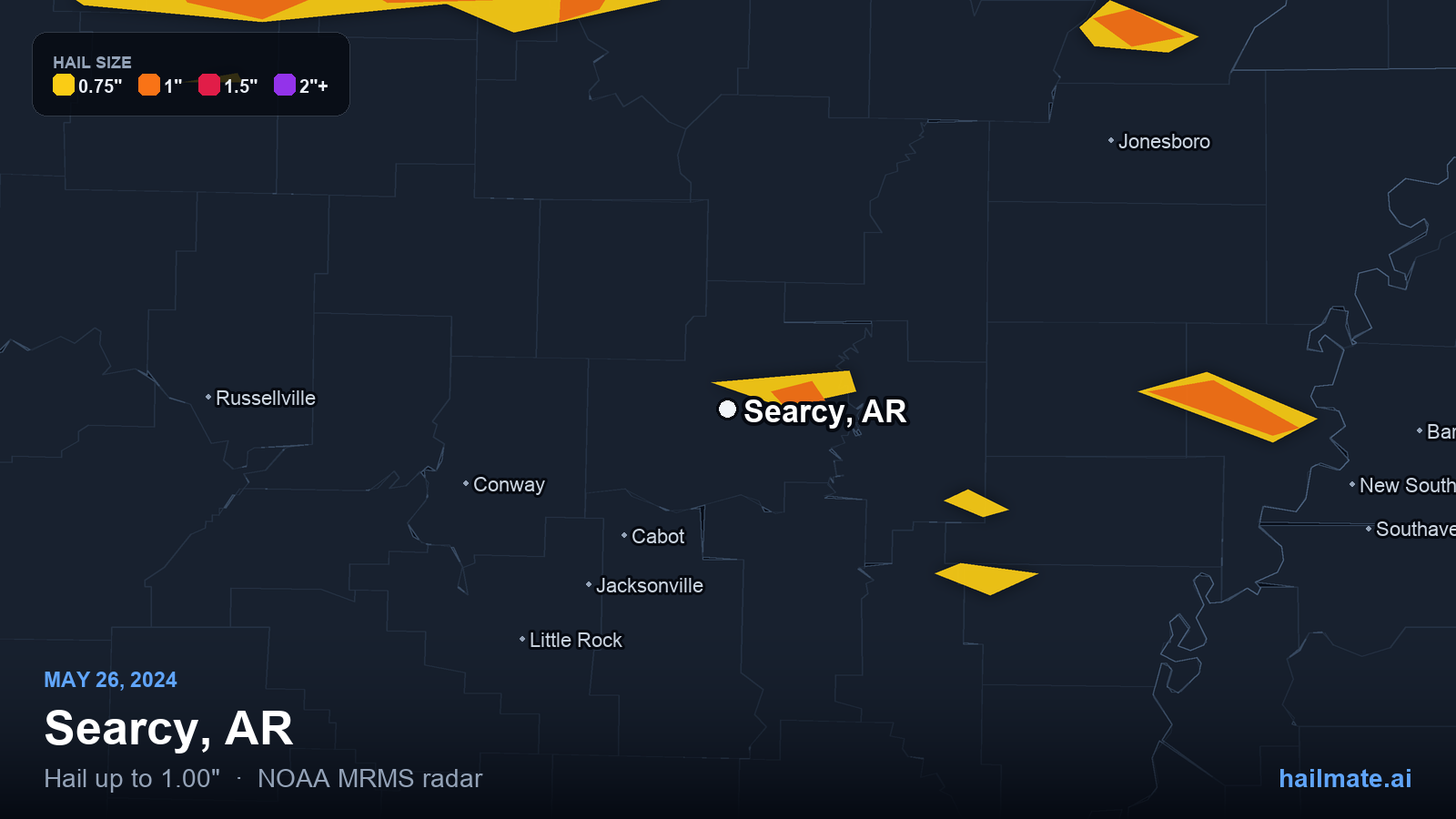 Hail swath map for Searcy, AR on May 26, 2024 showing 1.00 inch hail.