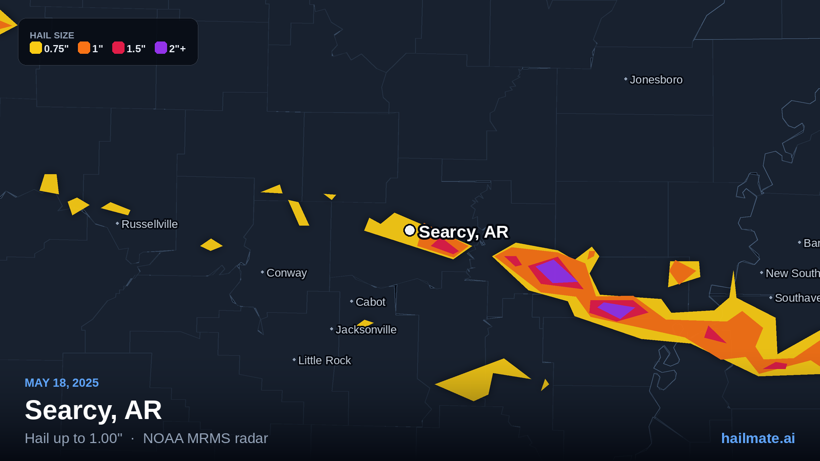 Hail swath map for Searcy, AR on May 18, 2025 showing 1.00 inch hail.