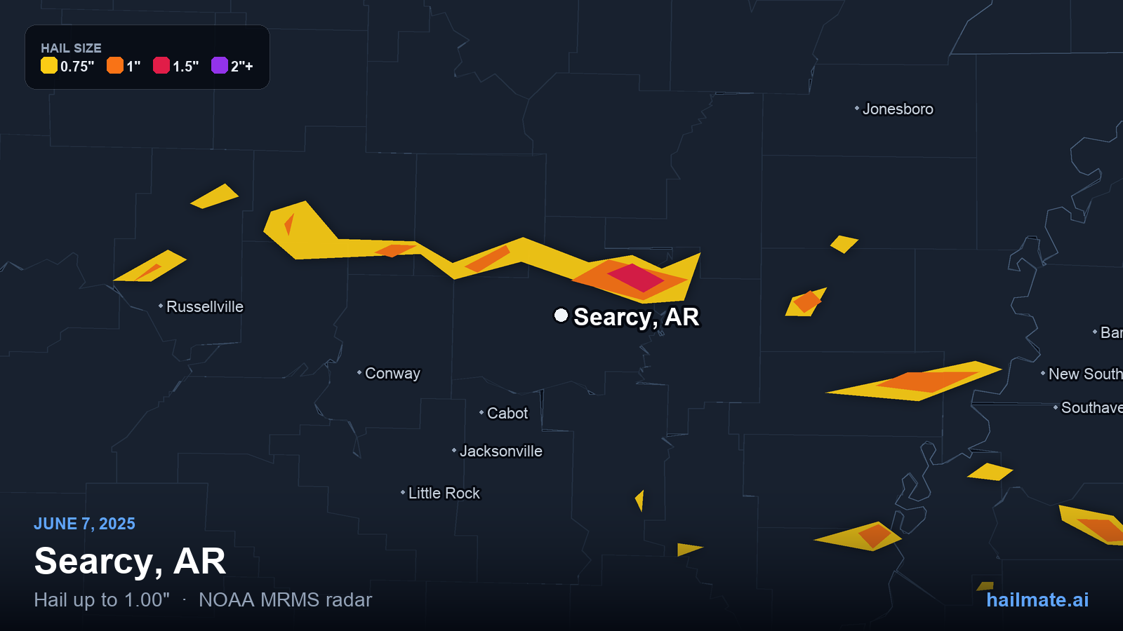 Hail swath map for Searcy, AR on June 7, 2025 showing 1.00 inch hail.
