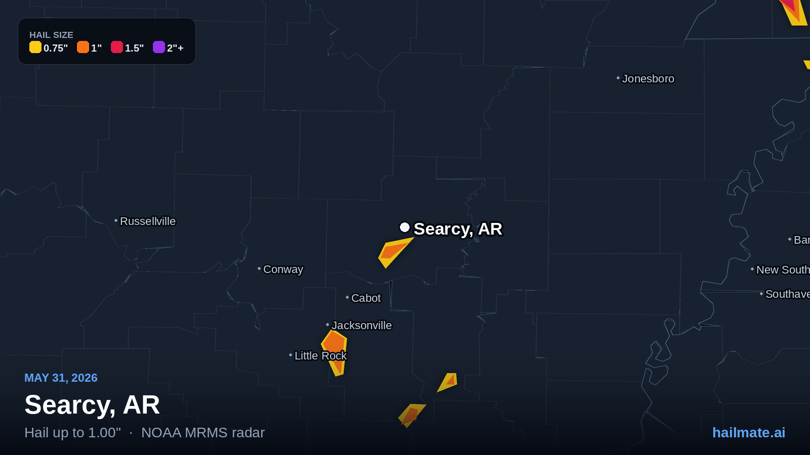 Hail swath map for Searcy, AR on May 31, 2026 showing 1.00 inch hail.