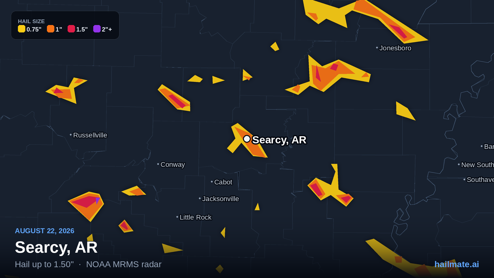 Hail swath map for Searcy, AR on August 22, 2026 showing 1.50 inch hail.