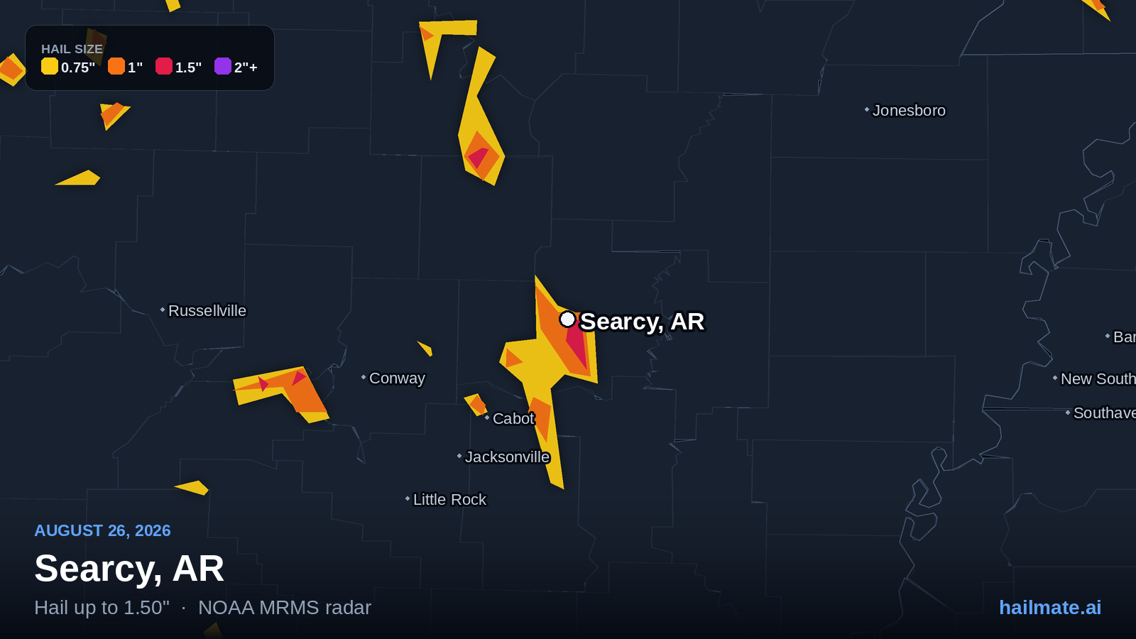 Hail swath map for Searcy, AR on August 26, 2026 showing 1.50 inch hail.