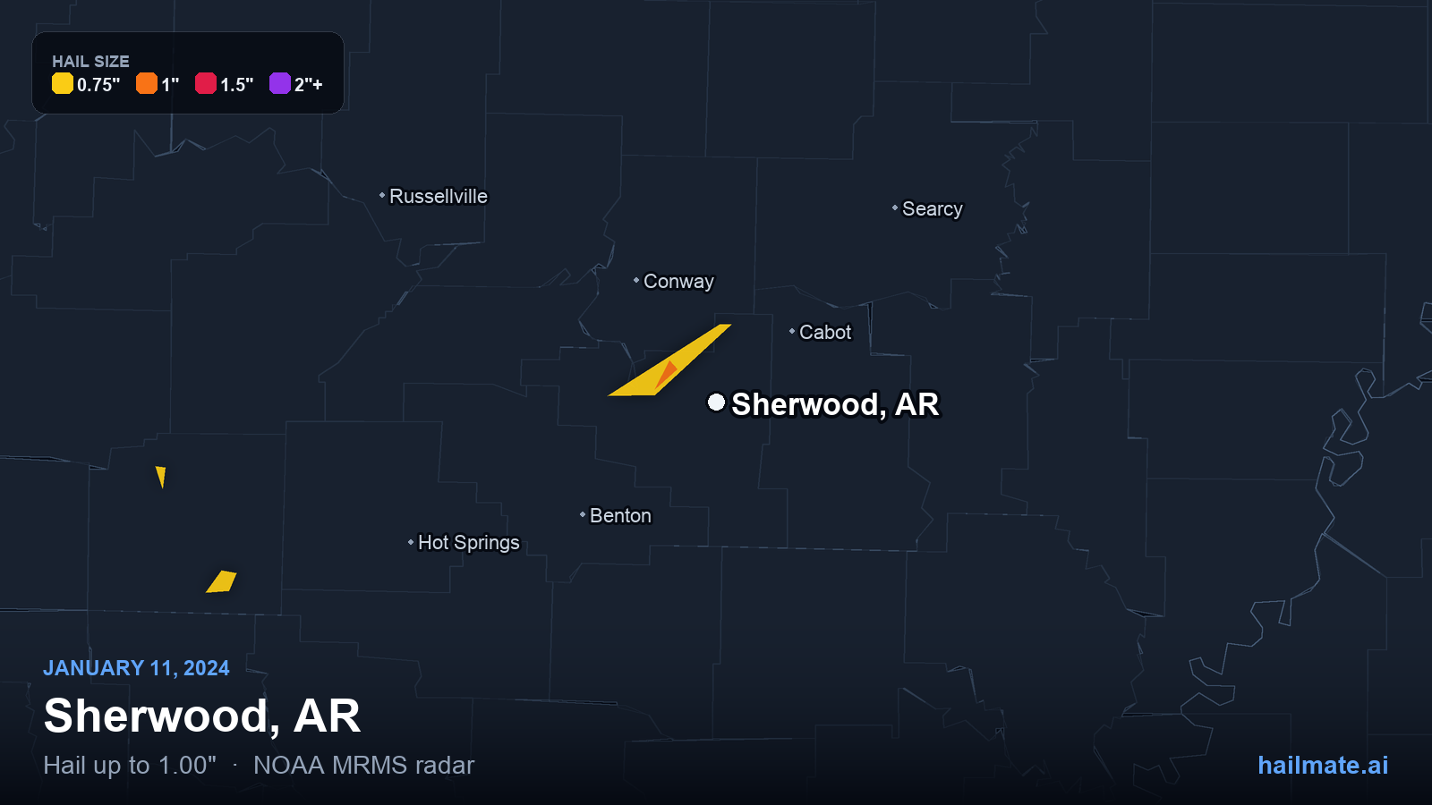 Hail swath map for Sherwood, AR on January 11, 2024 showing 1.00 inch hail.