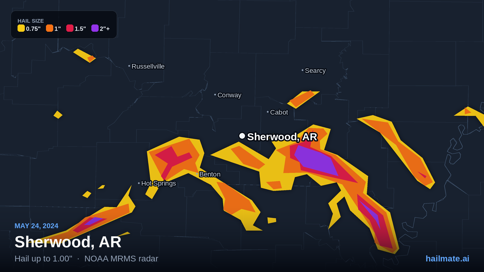 Hail swath map for Sherwood, AR on May 24, 2024 showing 1.00 inch hail.