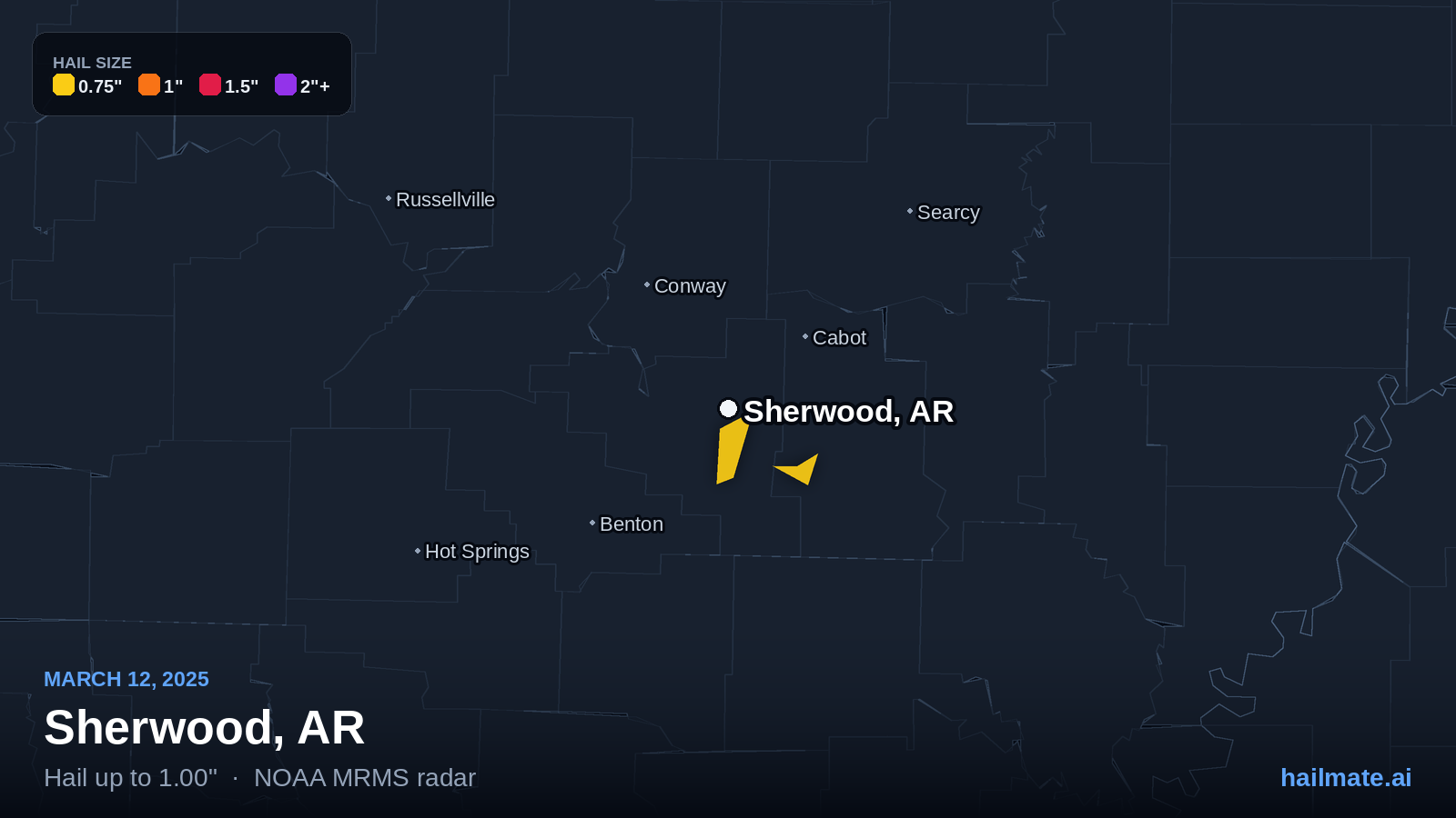 Hail swath map for Sherwood, AR on March 12, 2025 showing 1.00 inch hail.