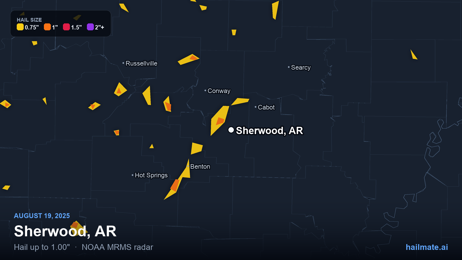 Hail swath map for Sherwood, AR on August 19, 2025 showing 1.00 inch hail.