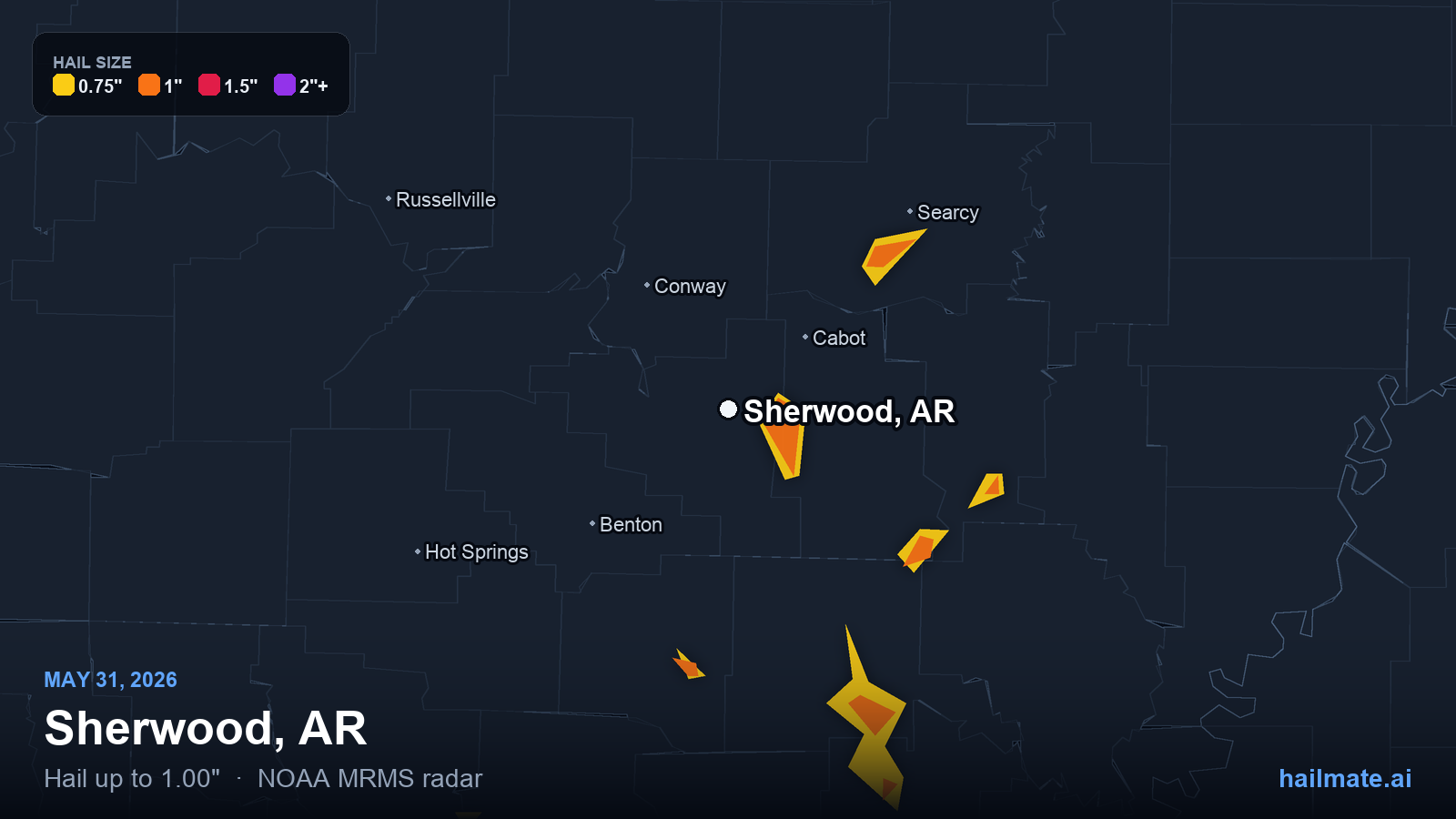 Hail swath map for Sherwood, AR on May 31, 2026 showing 1.00 inch hail.