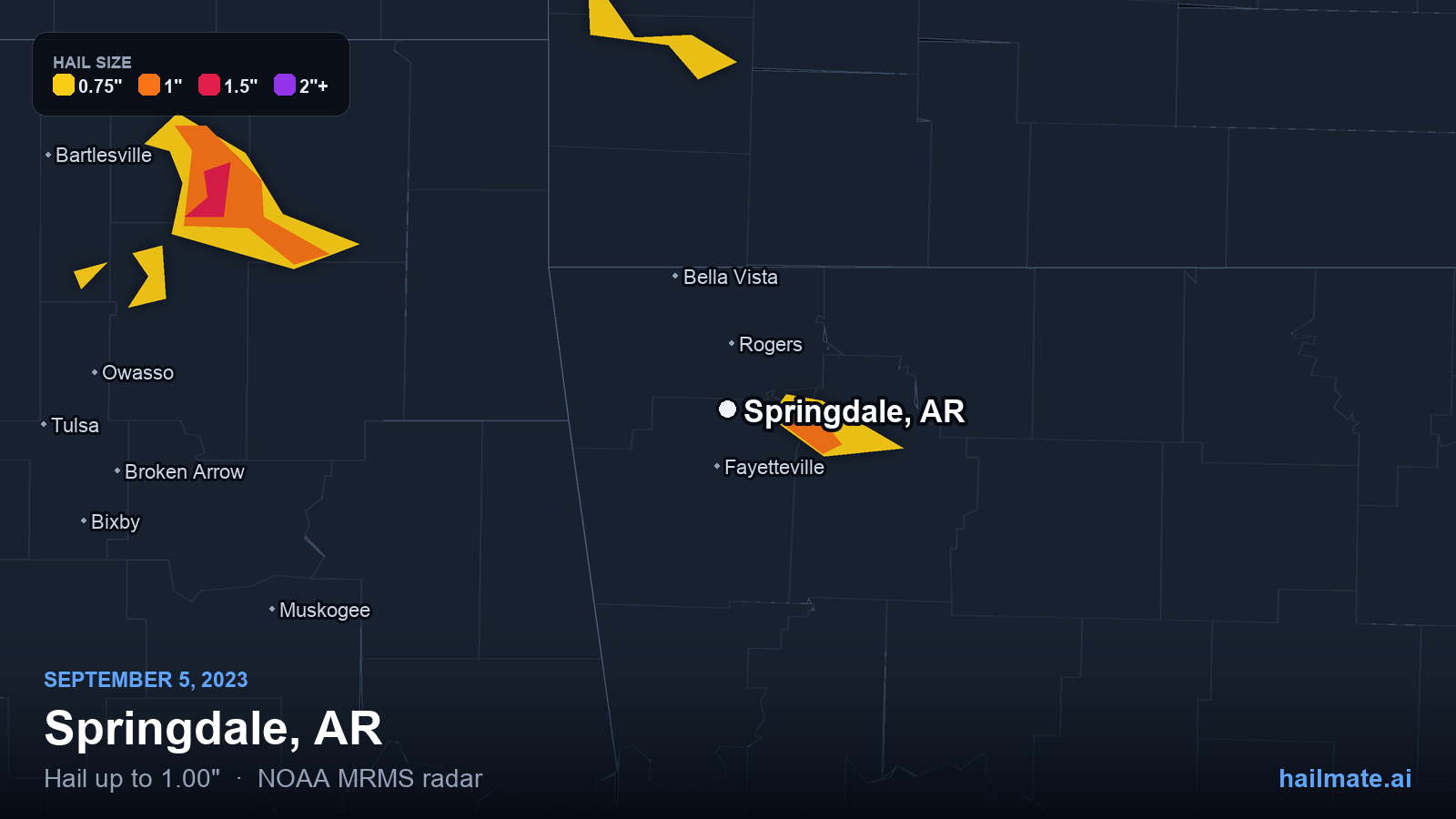 Hail swath map for Springdale, AR on September 5, 2023 showing 1.00 inch hail.